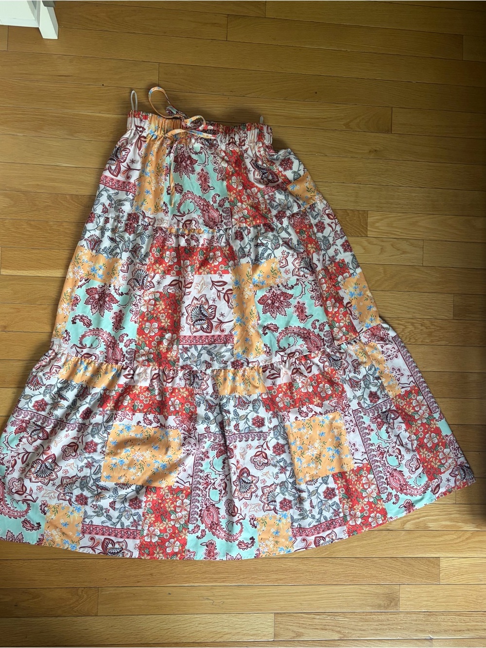 SHEIN Patchwork Floral Tiered Maxi Skirt - Mint, Coral, Mustard, White